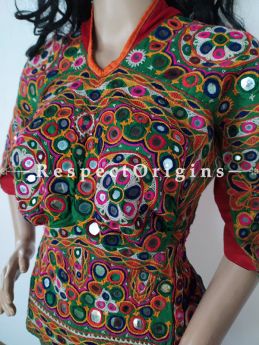 Green Red n Mirrorwork! Original Antique Gorgeous Embroidered Choli for Designers; Free-size.; RespectOrigins.com