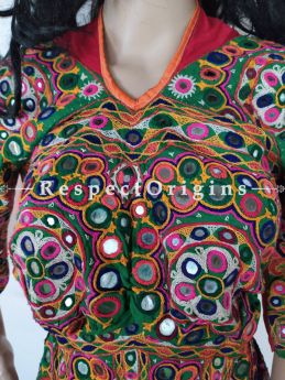 Green Red n Mirrorwork! Original Antique Gorgeous Embroidered Choli for Designers; Free-size.; RespectOrigins.com