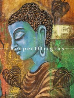 Blue Buddha With Pipal Leaves - Hand PaintedPainting - 24In x 36In