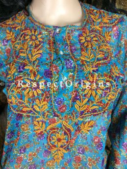 Blue base light breezy ladies chiffon Kurtis with Lucknow chikankari embroidery in floral motifs; RespectOrigins.com