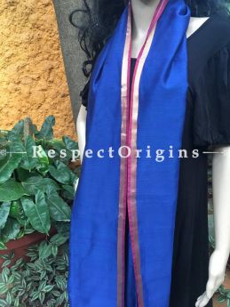 Royal Blue Handloom Maheshwari Cotton silk stole with golden Jute work and red border; RespectOrigins.com