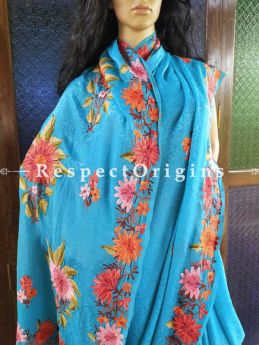 Jacquard Silk  Aari work Embroidered Blue Saree  with Maple leaf and Floral  motifs; RespectOrigins.com