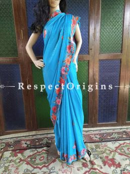 Jacquard Silk  Aari work Embroidered Blue Saree  with Maple leaf and Floral  motifs; RespectOrigins.com