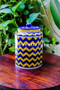 Buy Ceramic Pottery Spice Jar Canister in Blue & Yellow Zig Zag Pattern; Handcrafted Jaipuri Blue Pottery; Chemical Free At RespectOrigins.com