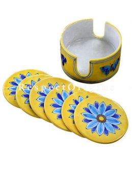 Buy Round Ceramic Coasters With Holder in Yellow Base With Blue Floral Design; Set of 6 Handcrafted Jaipuri Blue Pottery; Dia - 4 in At RespectOrigins.com