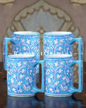 Buy Ceramic Coffee Mug Set of 4; Blue and White Floral Design; Handcrafted Jaipuri Blue Pottery; Chemical Free At RespectOrigins.com