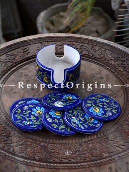 Buy Beautiful Ceramic Coasters With Holder in Blue Base With Yellow & Green Floral Design; Set of 6 Handcrafted Jaipuri Blue Pottery; Dia - 4 in At RespectOrigins.com