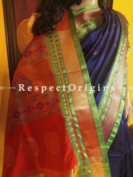 Blue with Parrot Green Zari Paithani Handloom Silk Saree ; RespectOrigins.com
