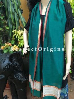 Handloom green Maheshwari Cotton silk stole with golden Jute work and red border 50x35 inches; RespectOrigins