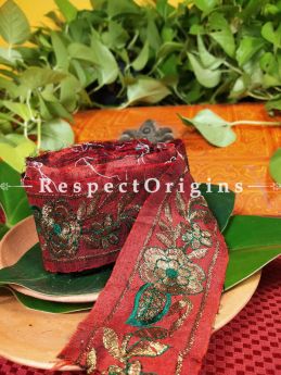 Beautiful Embroidered Silk Border; With Red Base, Golden Flower Work ; RespectOrigins.com