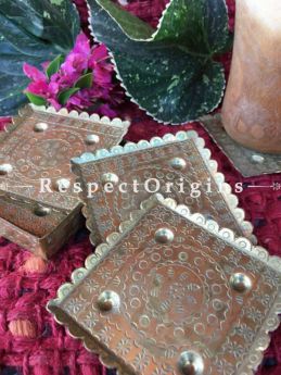 Buy Set of 6 Hammered Brass Square Tea Coasters with holder; Square; Handmade; 4.5x4.5 in At RespectOrigins.com