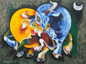 Horizontal Art Painting of Bull and cow;Acrylic on Canvas; 48in X 36in at RespectOrigins.com