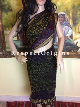 Buy Green, Yellow, Red n Gold Silk Bandhani Saree; RespectOrigins.com