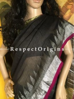 Buy Handloom Linen Saree; Black Zari Border; RespectOrigins.com