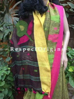 Buy Handloom Linen Saree; Olive Green, Yellow Temple Border; RespectOrigins.com