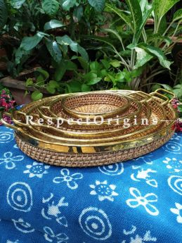 Round Hand braided Rattan Cane Round Trays Set with Brass Trimming; Set of 5 at Respectorigins.com