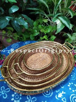 Round Hand braided Rattan Cane Round Trays Set with Brass Trimming; Set of 5 at Respectorigins.com