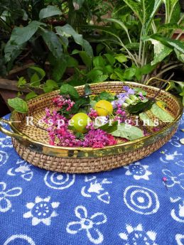 Hand braided Rattan Cane Round Trays with Brass Trimming; 4 Inches x 23 Inches x 16 Inches at Respectorigins.com