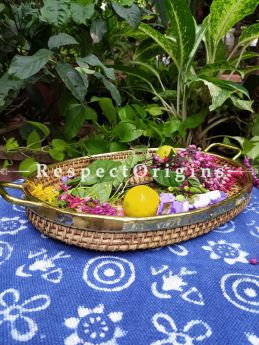 Hand braided Rattan Cane Round Trays with Brass Trimming; 3 Inches x 21 Inches x 13 Inches at Respectorigins.com
