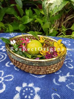 Hand braided Rattan Cane Round Trays with Brass Trimming; 2 Inches x 9 Inches x 7 Inches at Respectorigins.com