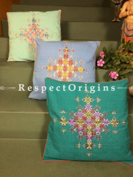 Buy Pastel Soof Embroidery Square Cotton Cushion Cover Set of 3 Pastels; Hand-embroidered. At RespectOrigins.com