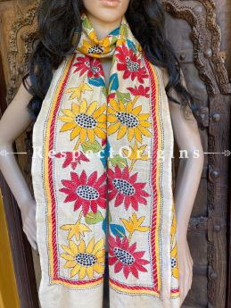 Colourful Kantha Embroidered Cream Silk Stole, Scarf Gift; RespectOrigins.com