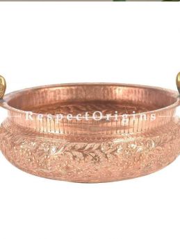 Buy Round Copper Urli With Brass Peacock Handle With Fine Engraving At RespectOrigins.com