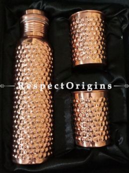 Pure Copper Hammered Water Bottle n 2 Glasses  Gift Set Boxed 1000Ml; RespectOrigins.com