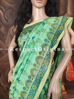  Sanganeri Hand- Block print Chanderi Cotton Silk Saree with Zari Border; Running Blouse