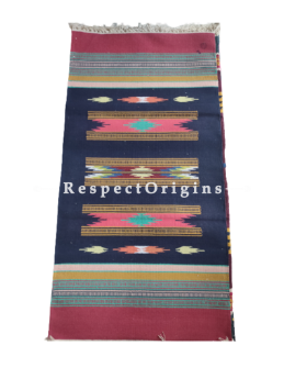 Blue with Red Border Waranagal Interlocked Cotton Floor Runner with Geometrical Design ; Size 2x6 Ft; RespectOrigins.com