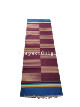 Brown with Blue Border Waranagal Interlocked Cotton Floor Runner with Geometrical Design ; Size 2x6 Ft; RespectOrigins.com