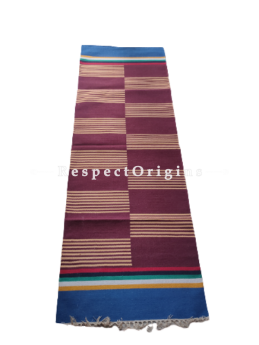 Brown with Blue Border Waranagal Interlocked Cotton Floor Runner with Geometrical Design ; Size 2x6 Ft; RespectOrigins.com