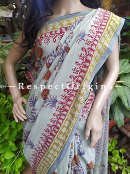 Mul Linen Cotton Floral Saree with Blouse; Hand-block print.