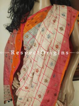 Creamy White Suf Hand-embroidered Handwoven Linen Saree with Orange and Pink Two Toned Border; Natural & Organic Online at RespectOrigins.com