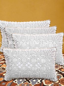 Buy Hand Knitted White Crochet Rectangular Pillow Cases Set of 4; Cotton 20x12 in At RespectOrigins.com