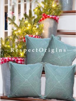 Buy Hand Knitted Light Blue Crochet Work Square Cotton Cushion Cover 15x15 in; Set of 4 At RespectOrigins.com