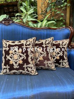 Luxurious Kashmiri Patchwork Embroidery in Contrasting Brushed Emerald 	Brown Velvet Throw Accent Cushion Set of 3; RespectOrigins.com