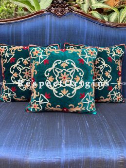 Luxurious Kashmiri Patchwork Embroidery in Contrasting Brushed Emerald Green Velvet Throw Accent Cushion Set of 3; RespectOrigins.com