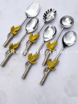 Stainless Steel Spoon Leaf Design Tones Brass Finish Handle Serving Spoon Set (Pack of 6 Pcs)