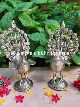 Set of 2 Handmade Tribal Bastar Brass Dhokra art Peacock; 9 Inches ; RespectOrigins.com