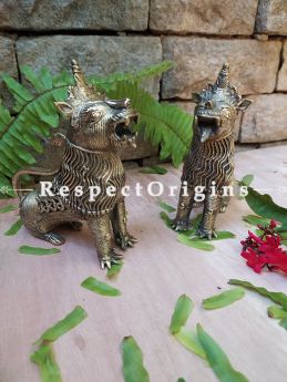 Handmade Brass Tribal Bastar Dhokra art Lion Set of 2; 6 Inches; RespectOrigins.com