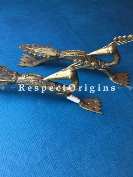 Pair of Hand Casted Brass Peacock Dhokra Door Handles; W2xH4xL11 Inches; RespectOrigins.com