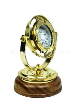 Buy 5Inches Brass Gimbals Nautical Fully Functional Directional Compass with Wooden Base Stand & Rotating Axis; Maritime Gift Decor At RespectOrigins.com