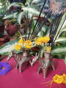 Set of 2 Horse Tribal Bastar Brass Dhokra Artwork ; Agarbatti or Candle Stand ; 5 Inches ; RespectOrigins.com