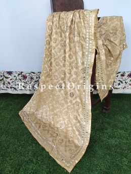 Phulkari Hand-embroidered Golden Dupatta with Piping and Tinsels at Borders; Length 90 X 40 Width Inches; RespectOrigins.com