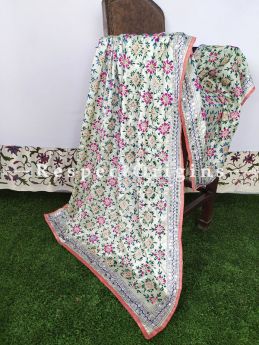 Phulkari Hand-embroidered Off White Cotton Colourful Dupatta with Piping and Tinsels at Borders; Length 90 X 40 Width Inches; RespectOrigins.com