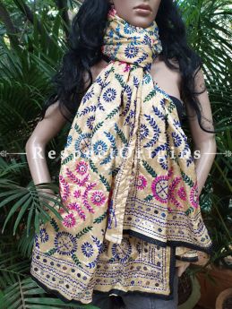 Phulkari Hand-embroidered Colorful Dupatta in Light Beige with Piping and Tinsels at Borders; Length 90 X 40 Width Inches; RespectOrigins.com