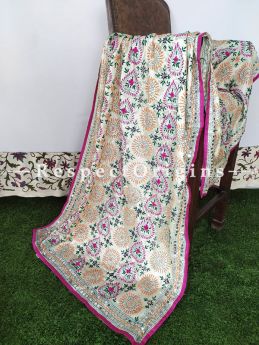 Phulkari Hand-embroidered Colorful Dupatta in Ivory with Piping and Tinsels at Borders; Length 90 X 40 Width Inches; RespectOrigins.com