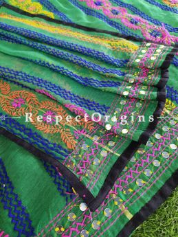 Phulkari Hand-embroidered Green , Pink, Blue Colourful Stripes Cotton Dupatta with Piping and Tinsels at Borders; Length 90 X 40 Width Inches; RespectOrigins.com