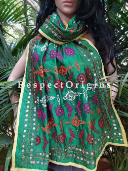 Green Phulkari Hand-embroidered Cotton Colourful Dupatta with Piping and Tinsels at Borders; Length 90 X 40 Width Inches; RespectOrigins.com
